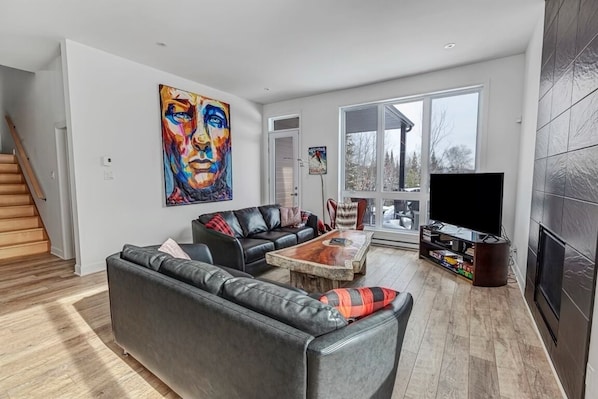 Flat-screen TV, fireplace, DVD player