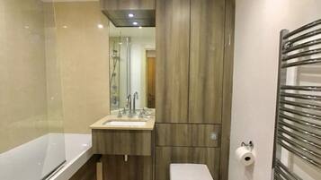 Hair dryer, towels, shampoo