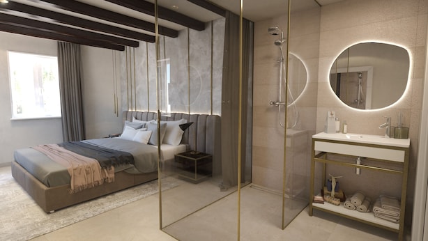 A modern bedroom with a bed, bedside table, and a glass-enclosed shower area. - Sperone Luxury Accommodation (Split)