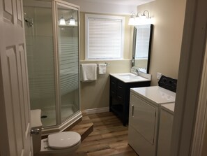 Combined shower/bathtub, hair dryer, towels, soap