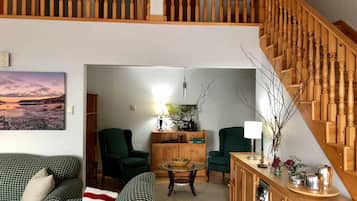 TV connectée, cheminée, lecteur de DVD, livres