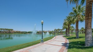 A pathway leading to a body of water with fountains, palm trees, and a clear blue sky. - Group-Friendly Estrella Gem: Hike, Cheer & Explore (Goodyear)