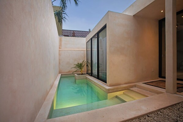 A modern outdoor pool area with a clear pool, a palm tree, and a building with large glass windows.