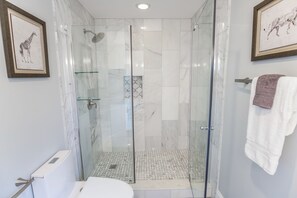 Combined shower/bathtub, hair dryer, towels, soap