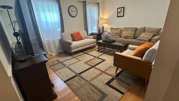 Smart TV, fireplace, books