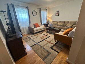 Smart TV, fireplace, books
