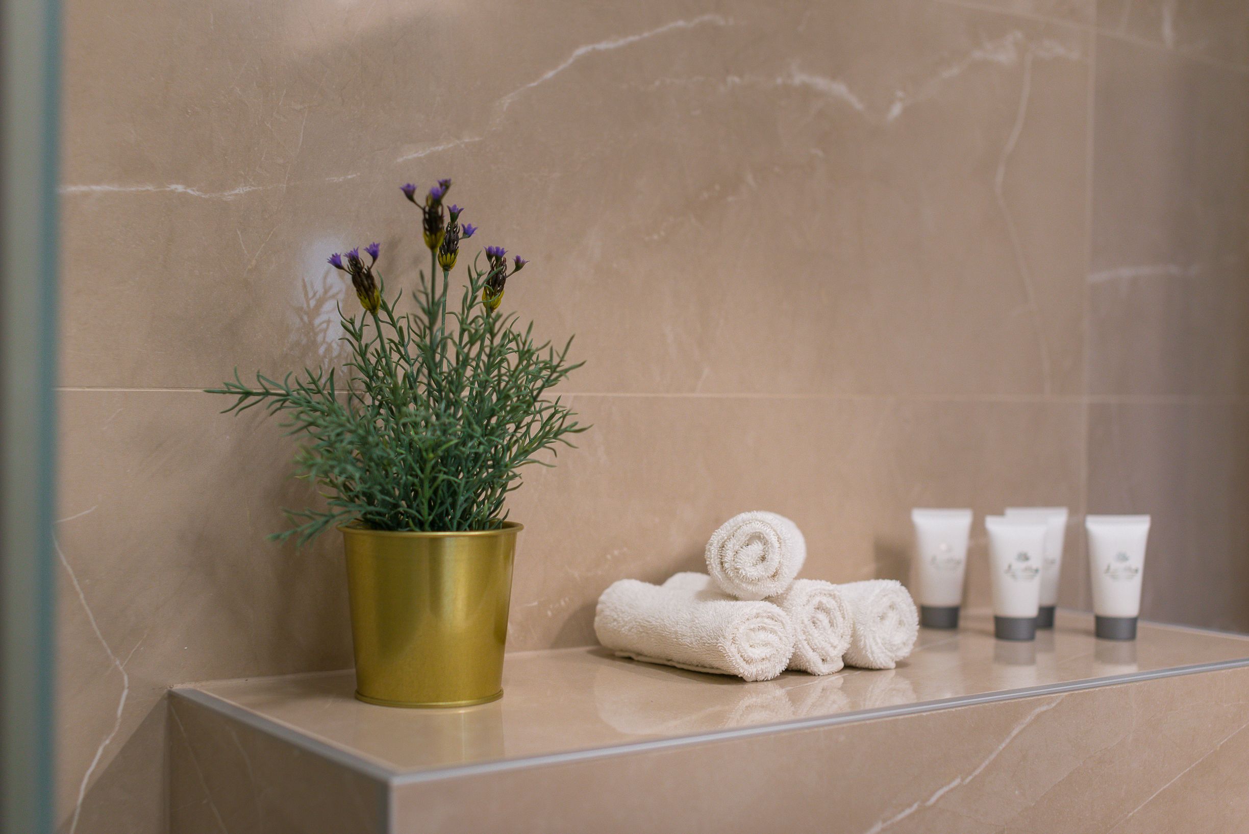 Un baño con pared de mármol, una planta en maceta, toallas enrolladas y artículos de aseo en un estante.