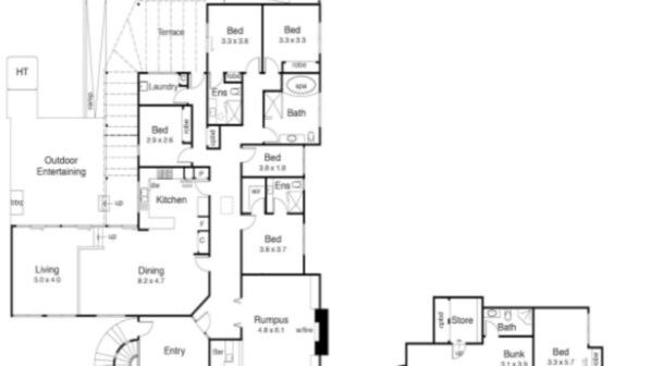 A floor plan with multiple bedrooms, a kitchen, a dining area, an outdoor entertaining space, and a bathroom.