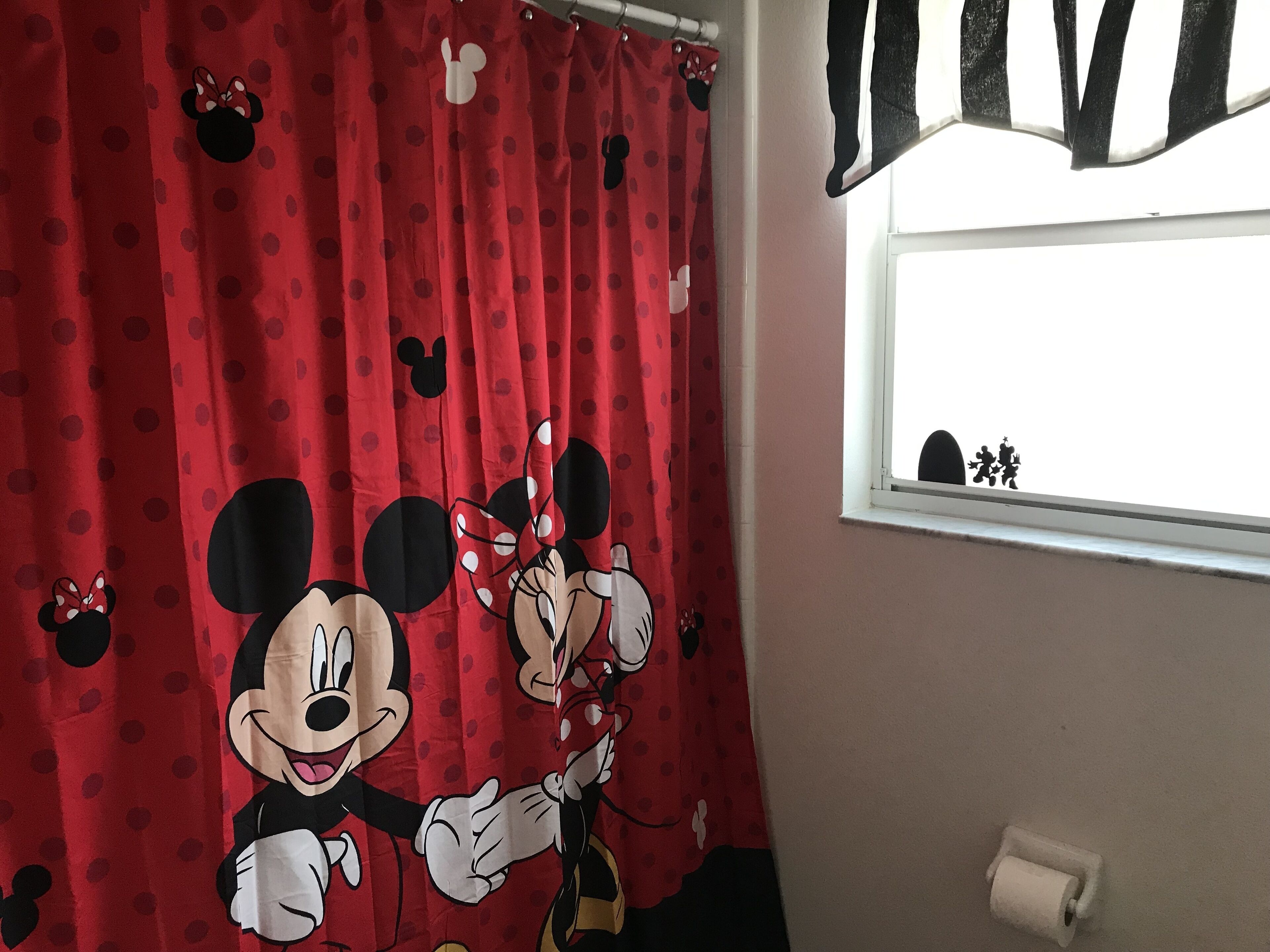 A window with a curtain featuring Mickey Mouse and Minnie Mouse.