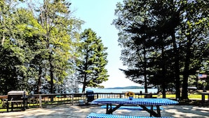 A picnic table with a blue and white checkered tablecloth, surrounded by trees and overlooking a body of water. - Amenities & Resort Access Included, Cabin 11 (Phelps)