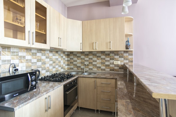 Fridge, microwave, blender, cookware/dishes/utensils