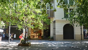 A street scene with a tree-lined sidewalk, a storefront with glass display windows, and a closed shop with a dark shutter. - Apartment Hermes in Central Athens (Athens)