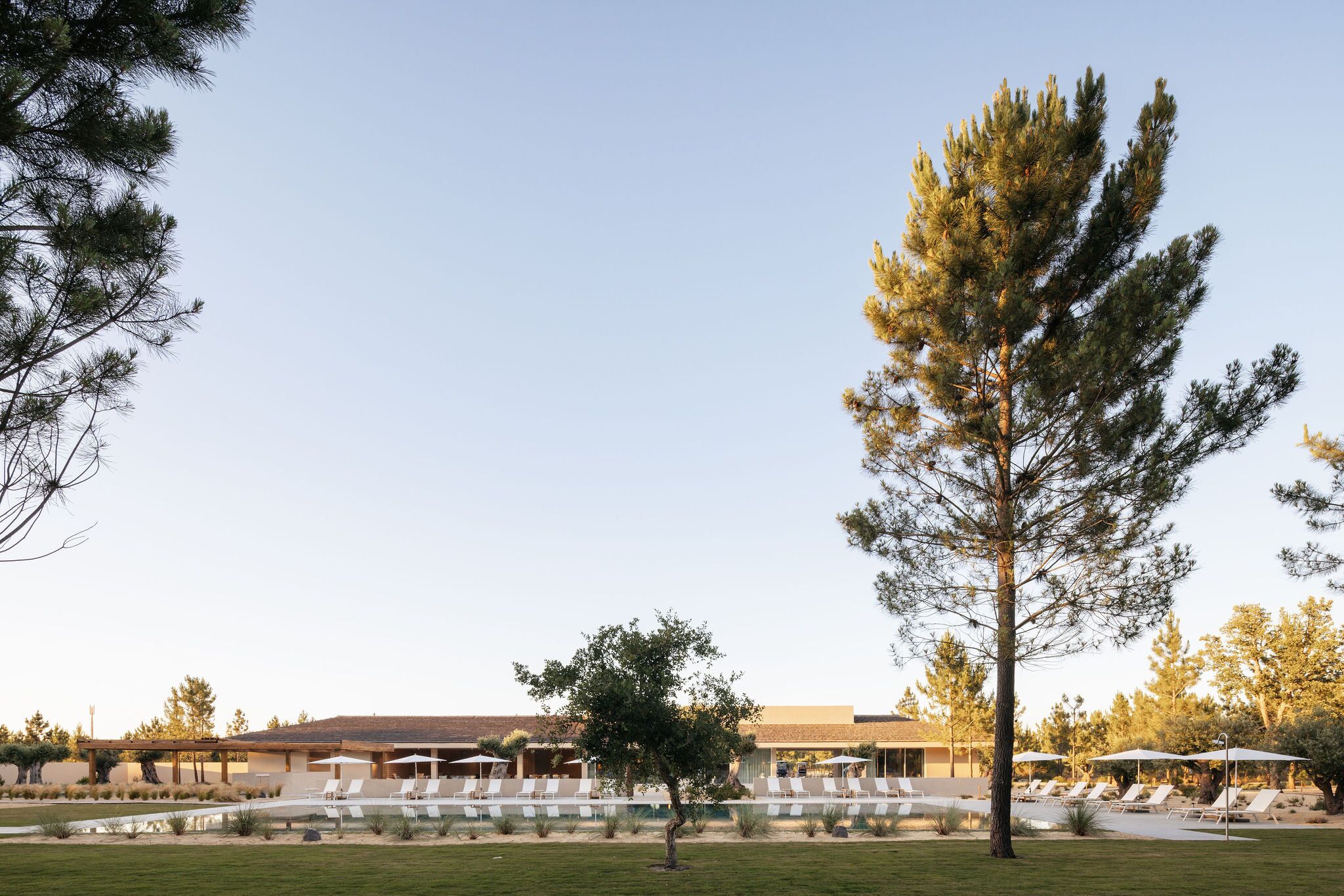 A resort with a pool area, lounge chairs, and a building in the background.
