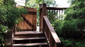 Eine Holztreppe führt zu einem Deck, das von dichtem Grün umgeben ist.
