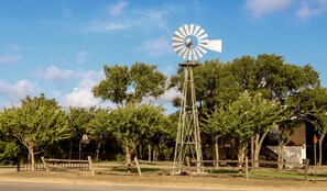 Un moulin à vent doté d’une structure métallique et d’une base en bois, entouré d’arbres et avec un bâtiment visible au loin.