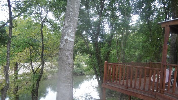 Una terrassa de fusta amb vista a un riu tranquil, envoltada per arbres frondosos.