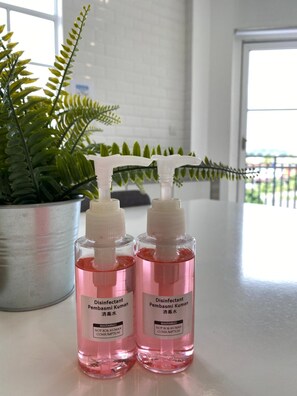 Two bottles of disinfectant on a counter with a potted fern in the background. - Grace Homestay Guesthouse (Tawau)