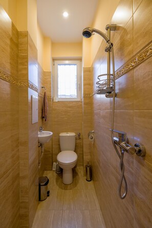 Shower, hair dryer, towels, shampoo