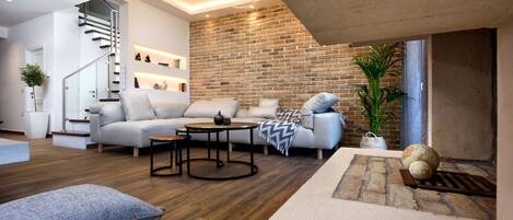 TV, fireplace, music library, video library