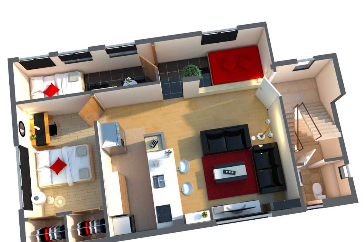 A 2-story apartment with a living room, kitchen, dining area, and two bedrooms.