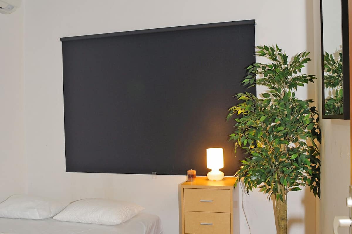 A bedroom with a bed, a dresser, a potted plant, a wall-mounted light, and a ceiling light.
