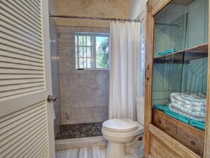 Hair dryer, towels, soap, toilet paper