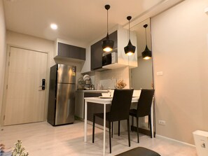 Fridge, microwave, coffee/tea maker, spices