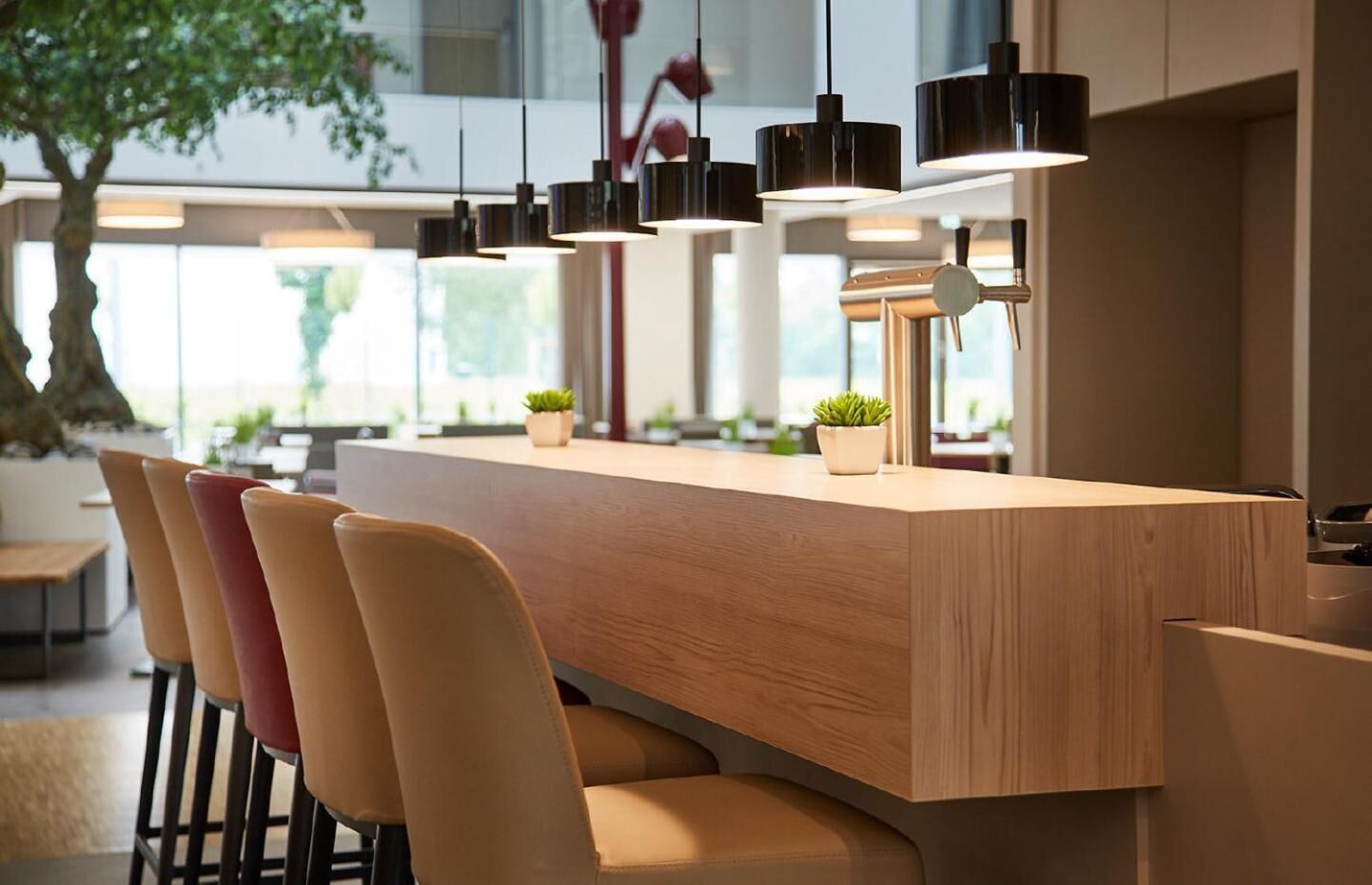 Une cuisine moderne avec un plan de travail en bois, des tabourets de bar, des luminaires suspendus et des plantes en pot.