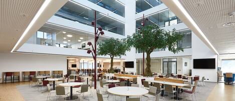 Una amplia cafetería interior con varias mesas y sillas, un gran árbol y un techo alto con paneles perforados.