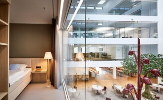 Desk, laptop workspace, blackout drapes, soundproofing