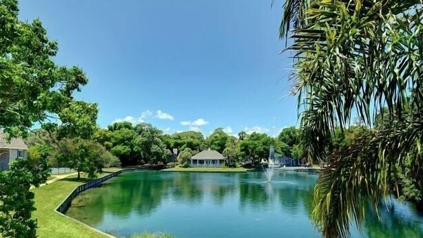 A serene pond with a fountain, surrounded by lush greenery and a clear blue sky. -  Welcome to SSI...near Pier, Village and Beach! (St Simons)