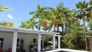 A covered outdoor area with a pool, white columns, and palm trees. - Palm Cottages - Entire Compound - Tropical Oasis (Vieques)