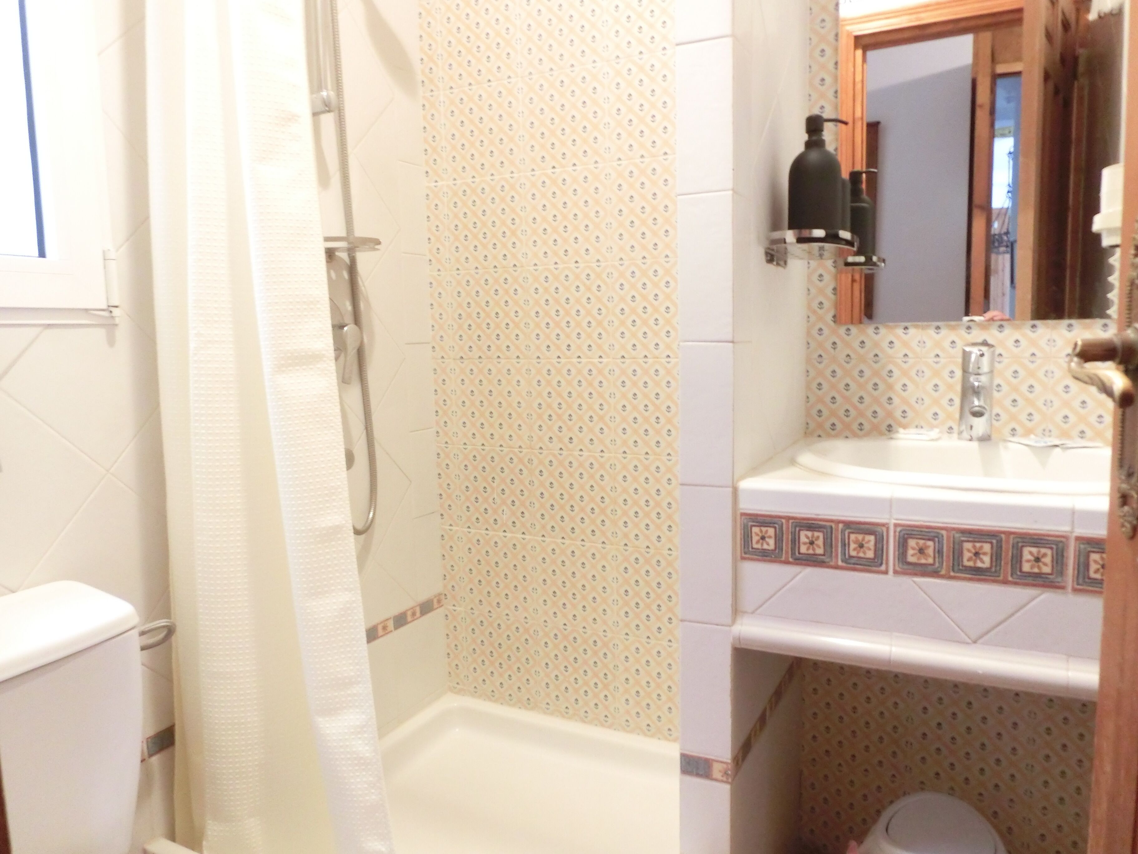 Une salle de bain avec douche, toilettes et lavabo.