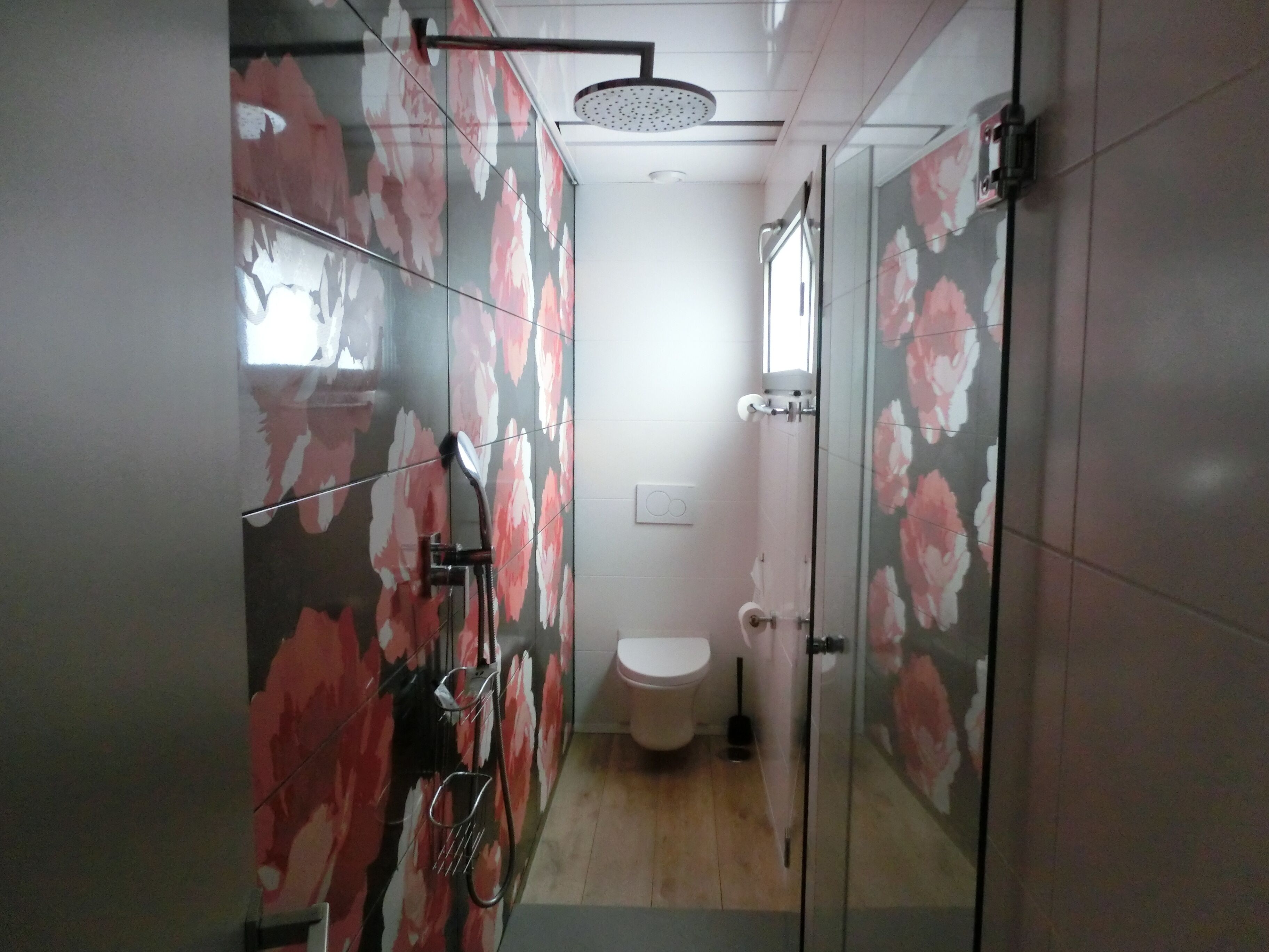A bathroom with a shower, toilet, and a glass partition.