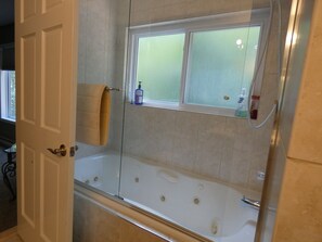 Combined shower/bathtub, jetted bath, hair dryer, towels - Schuss Mountain Chalet (Mancelona)