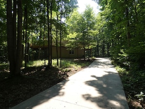 A pathway leading to a building surrounded by tall trees. - Schuss Mountain Chalet (Mancelona)