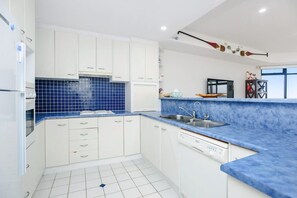 Fridge, microwave, stovetop, cookware/dishes/utensils