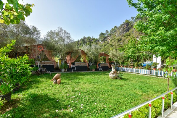 Escape to a serene oasis with a beautifully manicured lawn, lush greenery, and a soothing fountain.