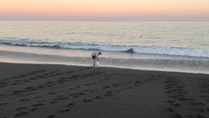 A beach with footprints leading to the water, a person bending over, and waves approaching.