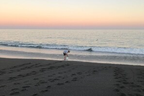 Vlak bij het strand, ligstoelen aan het strand, strandlakens