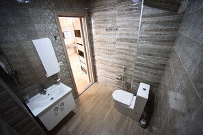 Combined shower/bathtub, free toiletries, hair dryer, bidet