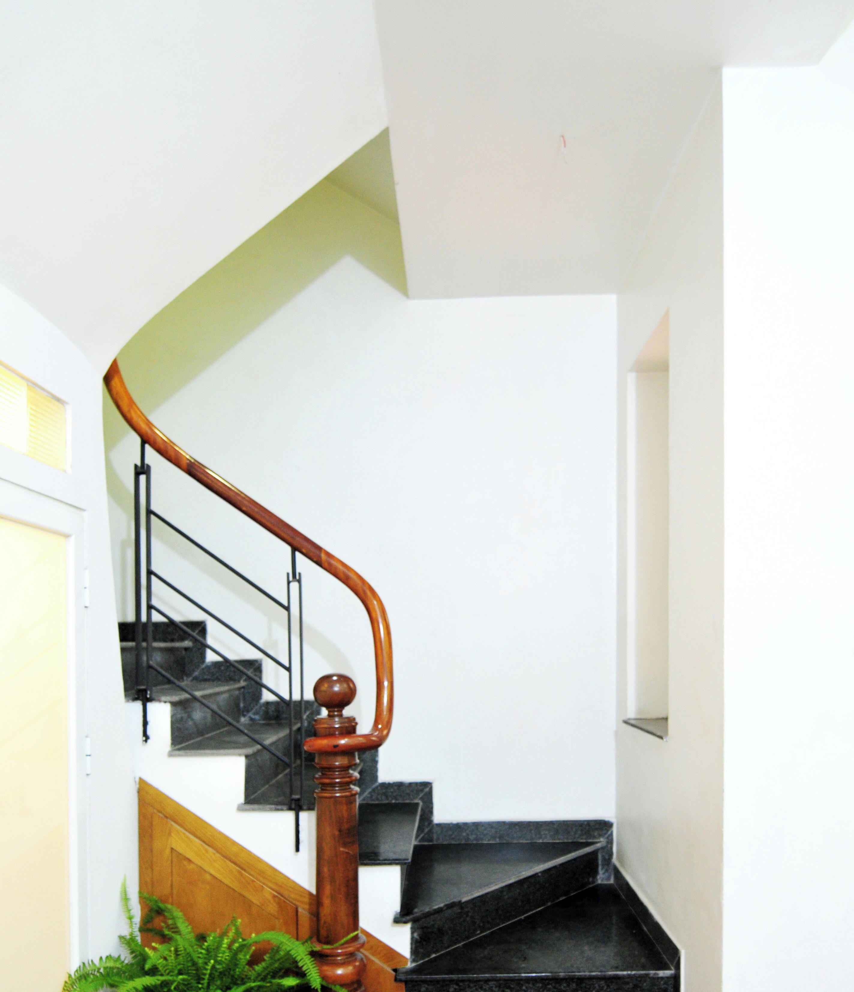 Un escalier avec une rampe en bois et des marches noires, menant à un palier avec un mur blanc et une porte.