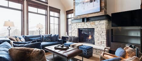 TV, fireplace, DVD player, foosball