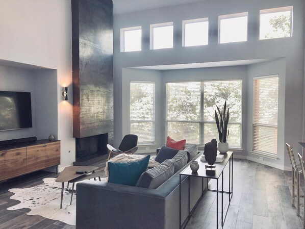 TV, fireplace, books, music library