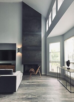 TV, fireplace, books, music library