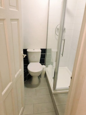 A small, clean bathroom with a toilet, a shower, and a glass door. - Bright Studio Flat in Central London Zone 1 Paddington / Lancaster gate cozy (London)