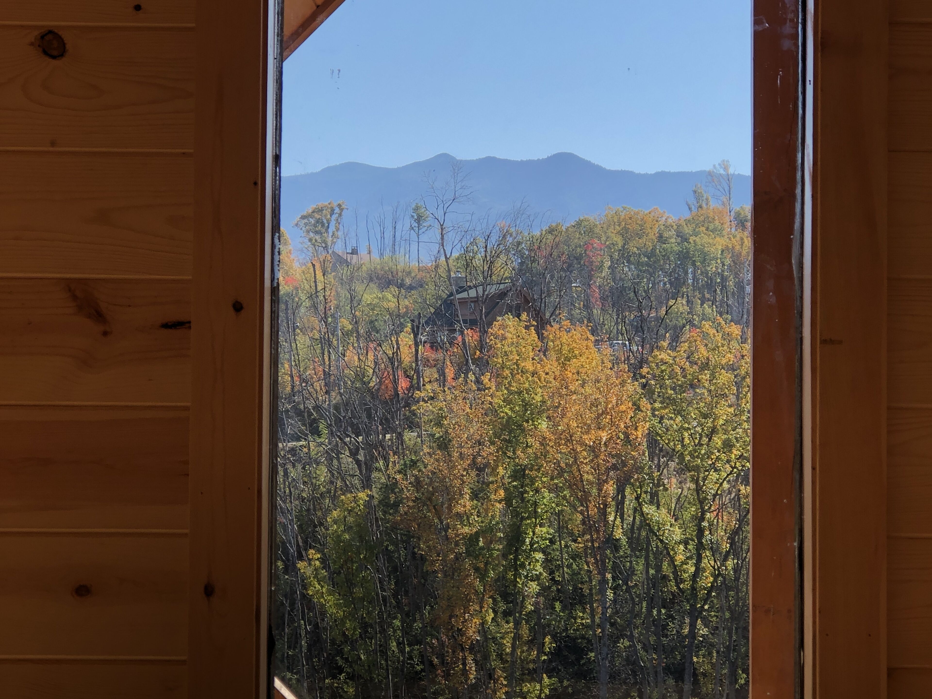 Una cabaña de madera con vistas a un bosque y montañas.