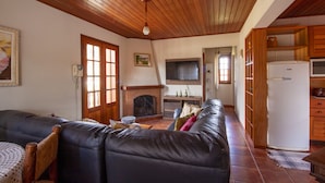 Ein Wohnzimmer mit Kamin, einer Couch, einem Fernseher und Holzsäcken.