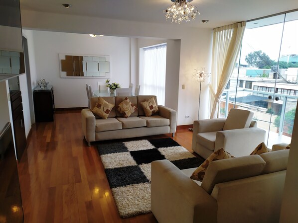 TV connectée, cheminée, lecteur de DVD, chaîne hi-fi