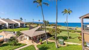 A resort with a pool, palm trees, and a view of the ocean.